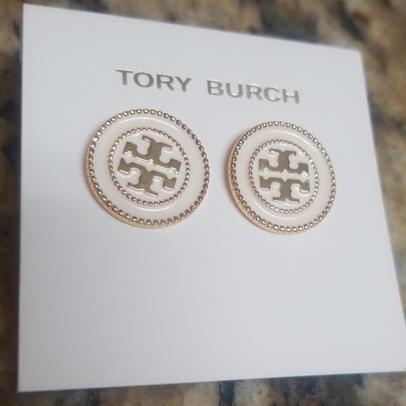 Tory Burch White & Gold Button Logo Stud Earrings - Picture 6 of 7